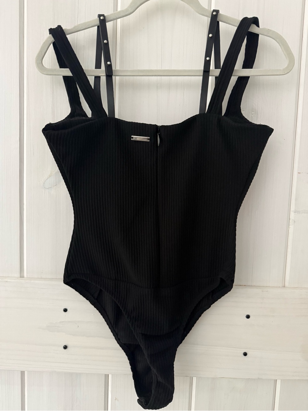 Maniere De Voir- Black Strappy Sculpting One-Piece Bodysuit - Picture 3 of 5